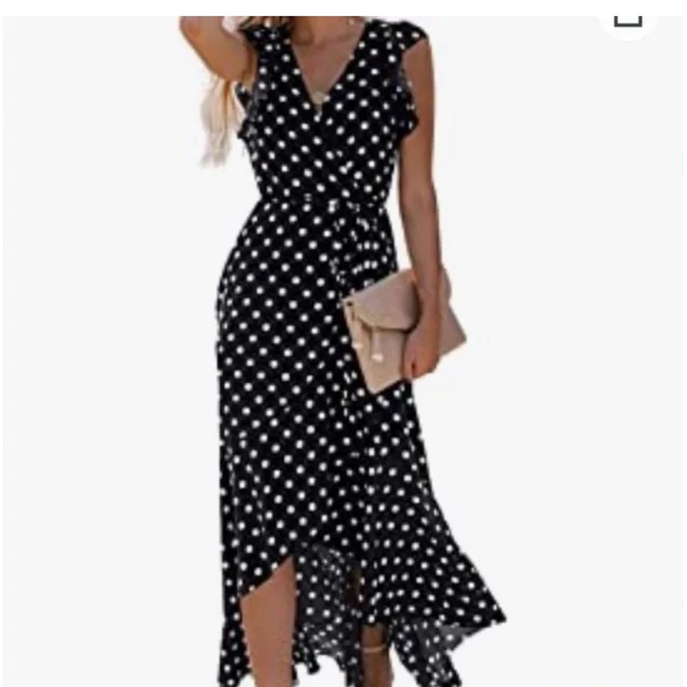 NWT Navy Polka Dot V-Neck Maxi Dress with Waist Tie